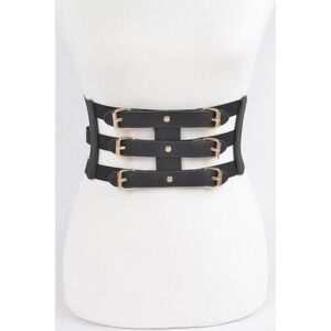 Womens Wide Elastic Corset Belt Black Gold Buckle Statement Waist Cincher